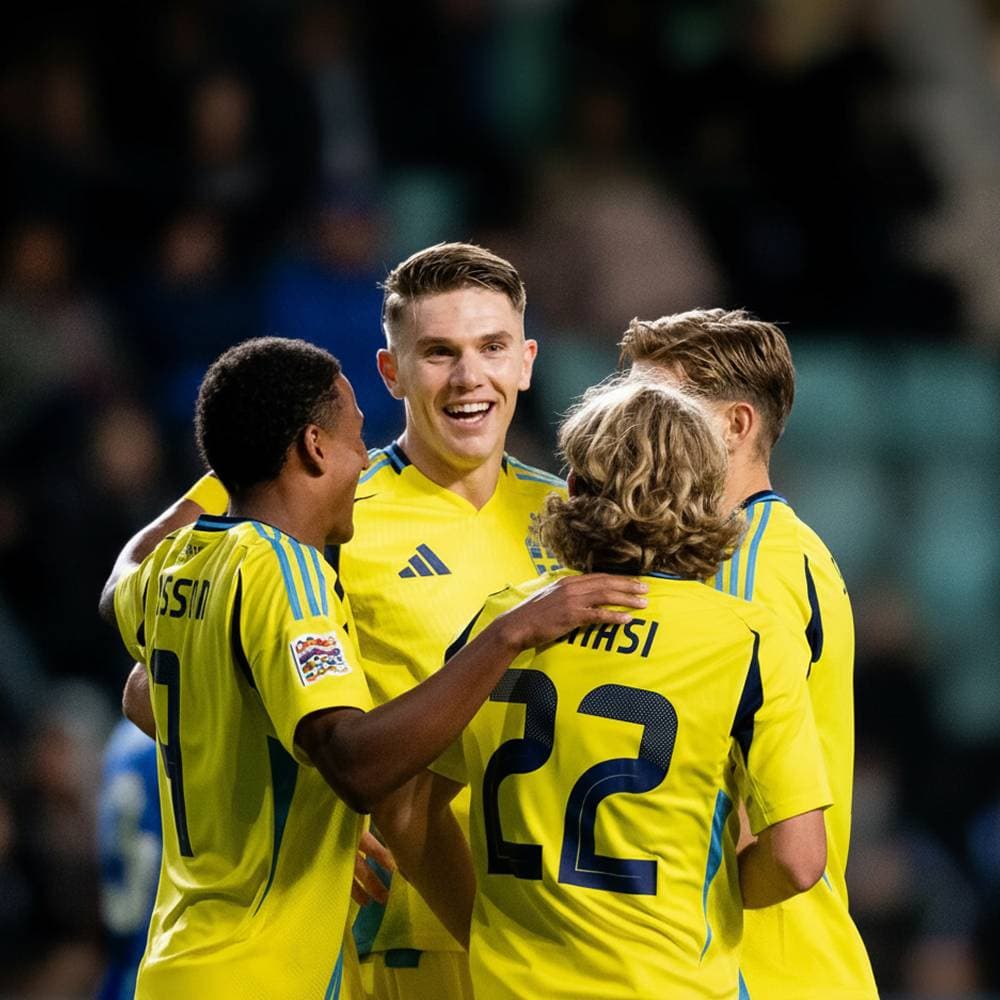 Viktor Gyökeres står skrattande tillsammans med tre andra spelare i gula landslagströjor
